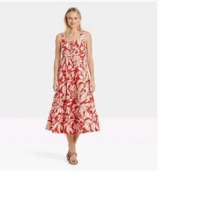 Who What Wear Red Floral Batic Lace up Front Tiered Dress Linen Rayon Blend